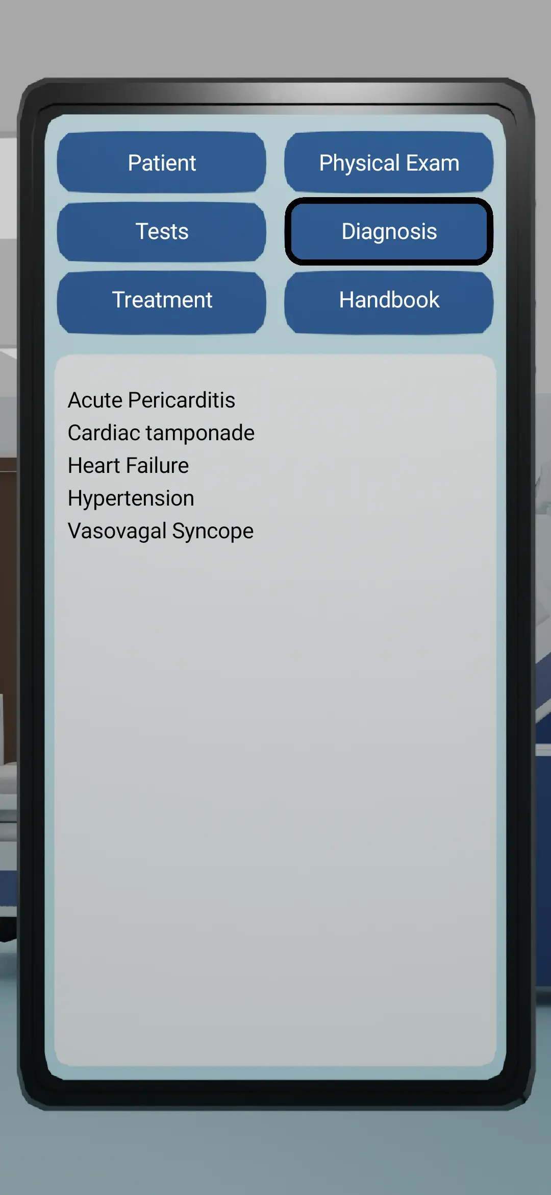 Diagnosis selection screen for a fictional patient