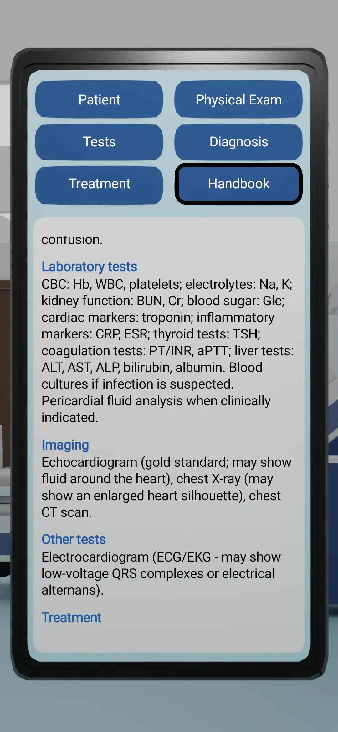 In-game medical handbook showing disease information