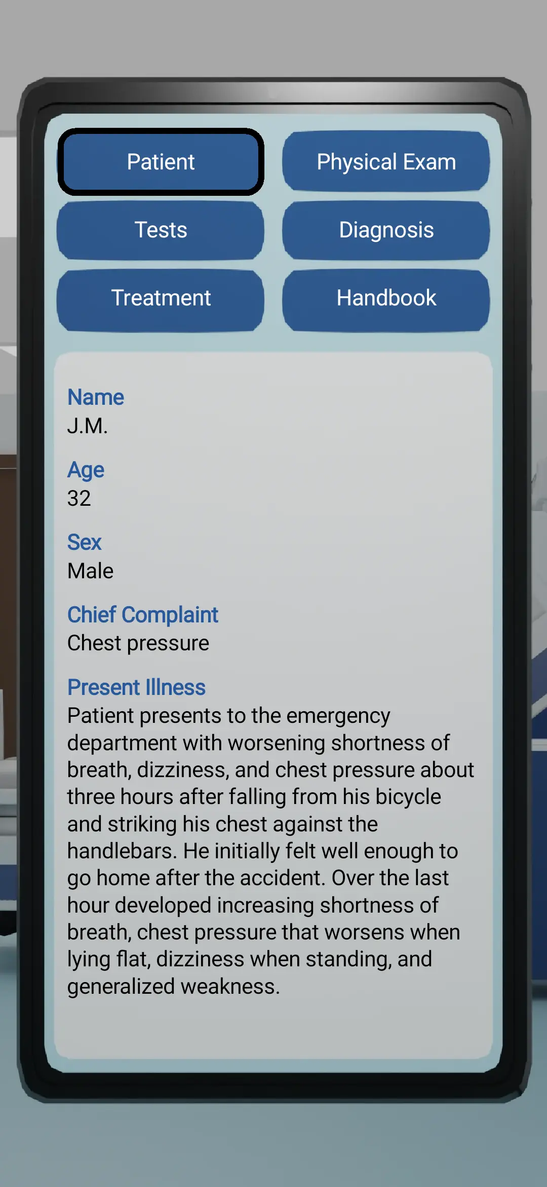 Patient overview showing the complaint and medical information