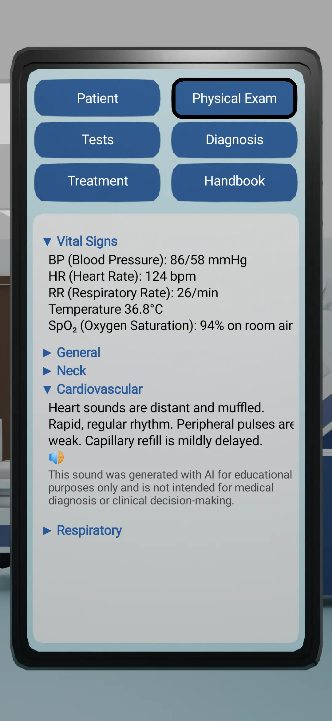 Physical examination options for a fictional patient