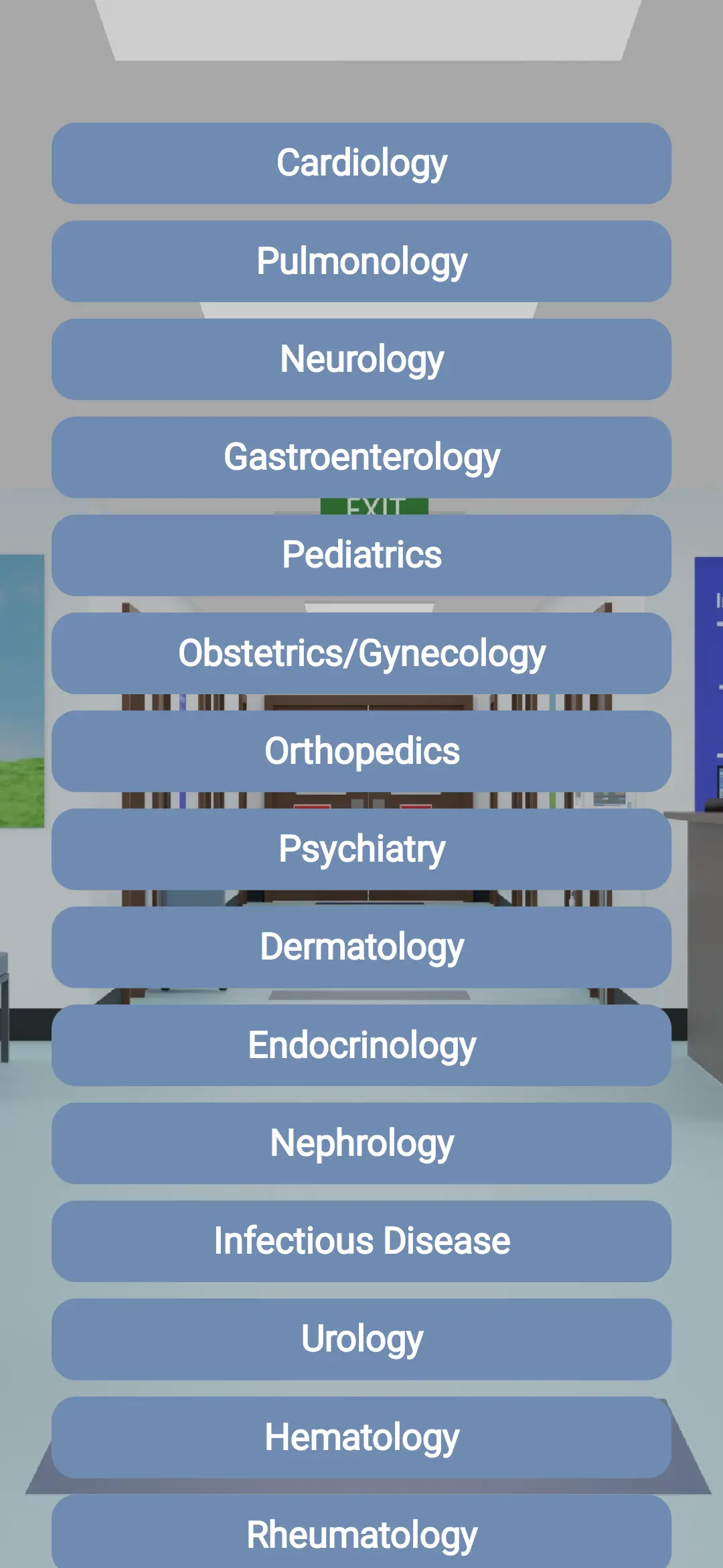 Medical specialties selection screen
