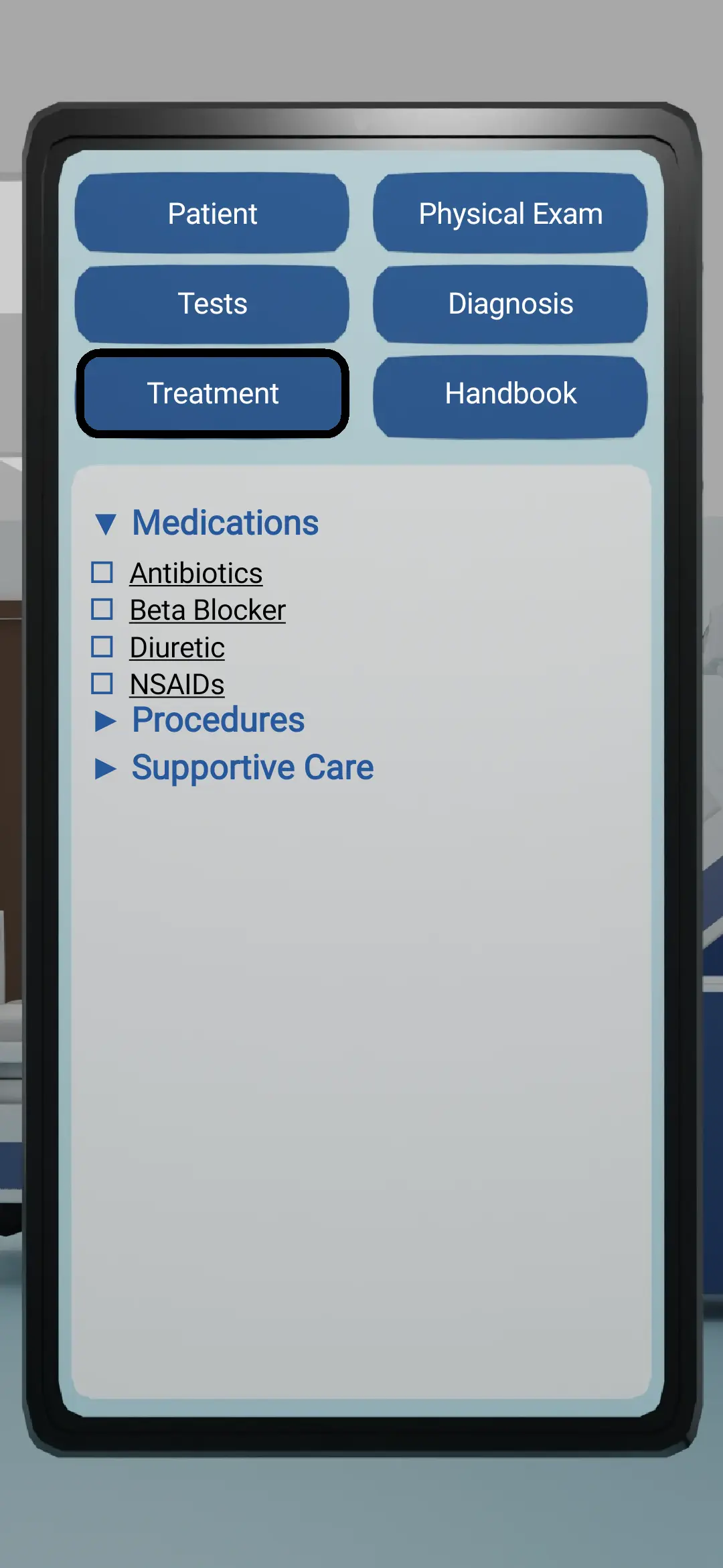 Treatment planning screen with available options
